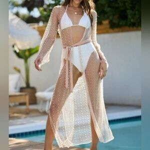 ✨ NWT Windsor Sheer Nude Pearl Mesh Cardigan Swim Cover-Up Medium